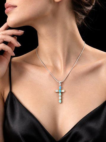 Collier en opale - Pendentif croix en argent 925 - Bijoux