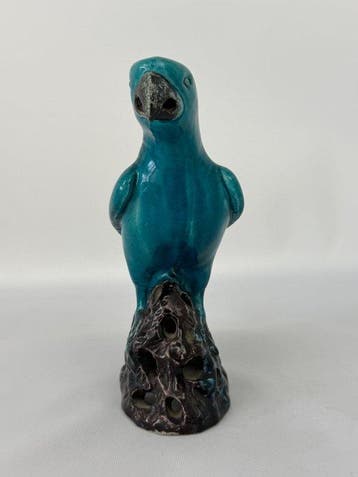 Turkooisgeglazuurd papegaai-porseleinfiguur - Porselein -