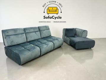 3-zit blauw in fluweel met hoekelement, modulair – overstock, Verzenden, Nieuw