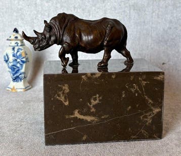 Beeld, Neushoorn - 13 cm - Brons, Marmer