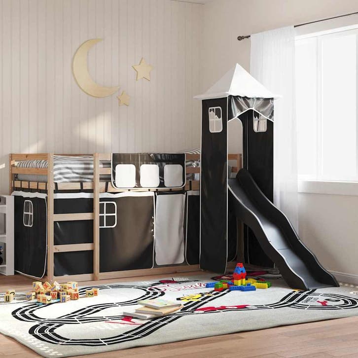 vidaXL Stapelbed met glijbaan en gordijnen wit en zwart, Huis en Inrichting, Slaapkamer | Bedden, Nieuw, Verzenden