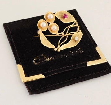 Broche - 14 carats Or jaune - Perles de rubis brillantes