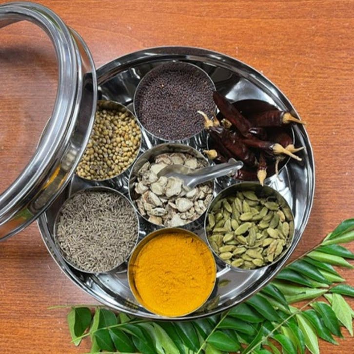 Masala Kruidenbox XL - RVS met deksel (met 7 potjes), Sport en Fitness, Gezondheidsproducten en Wellness, Ophalen of Verzenden