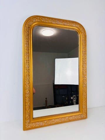Spiegel- Grote vintage wandspiegel met goudkleurige, Antiek en Kunst