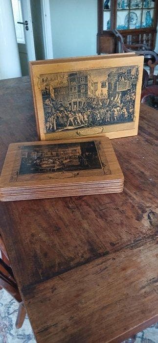 English wooden box with 10 panels featuring scenes of