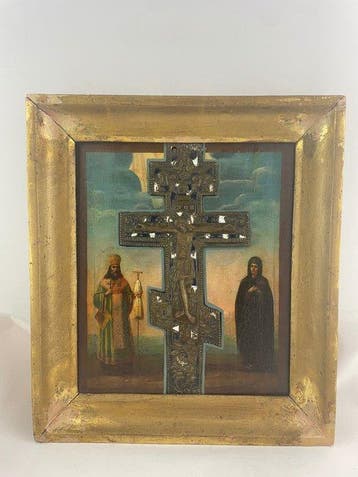Icoon - Kruisiging van Christus, Twee heiligen - Hout,