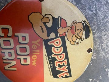 Popeye Brand Yellow Pop Corn emaille reclamebord – King, Nieuw in verpakking