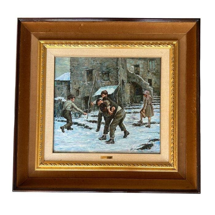 Alfonso Grassi (1918-2002) - Giochi sulla neve, Antiek en Kunst, Kunst | Schilderijen | Klassiek