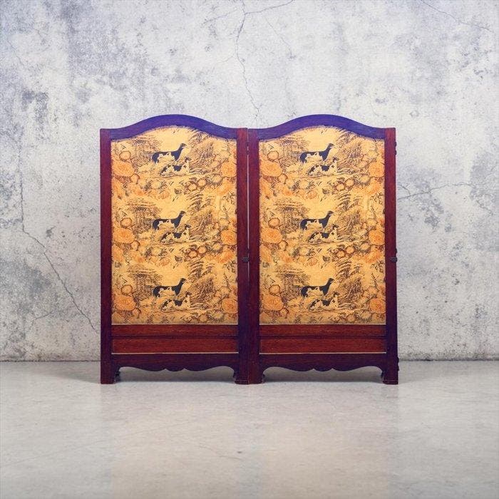 Kamerscherm - Spaanse windhond - Mahonie, Zijde, Antiquités & Art, Antiquités | Autres Antiquités