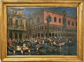 Vincenzo La Bella (1872 – 1954) - Parata notturna di gondole, Antiek en Kunst