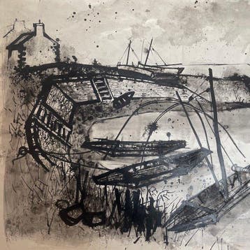 Yves Ganne (1931-2019) - Bateaux dans une anse, port,