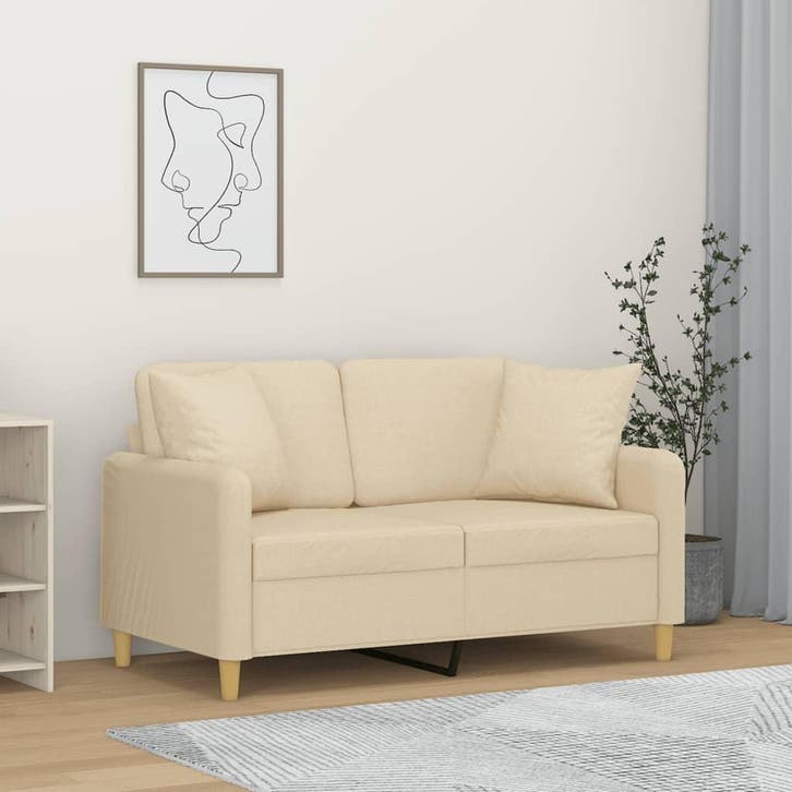 vidaXL Tweezitsbank met sierkussens 120 cm stof crèmekleurig, Huis en Inrichting, Zetels | Zetels, Nieuw, Verzenden