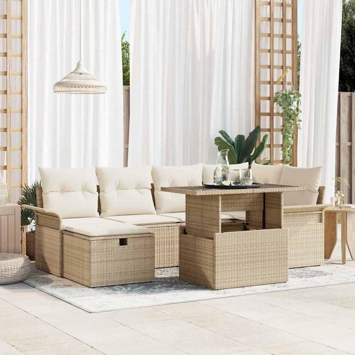 vidaXL Tuinbank Set met kussen met opslag 7 pcs Beige Poly, Jardin & Terrasse, Ensembles de jardin, Envoi