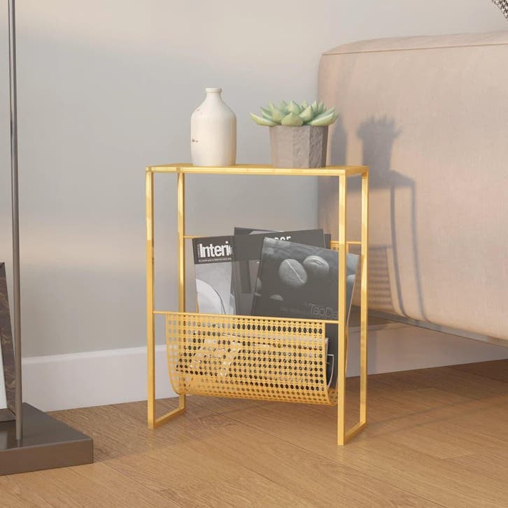 vidaXL Tijdschriftenrek 35x15x45 cm staal goudkleurig, Huis en Inrichting, Woonaccessoires | Krantenbakken en Lectuurbakken, Nieuw