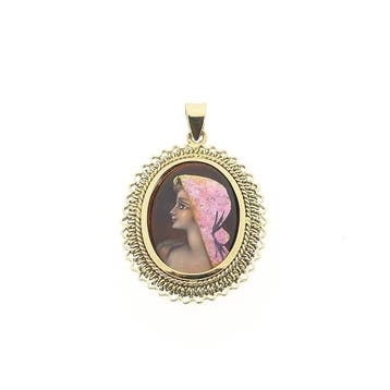 Gouden hanger met Emaille DArt portret (Hanger of bedel), Ophalen of Verzenden, Gebruikt, Goud, Overige merken