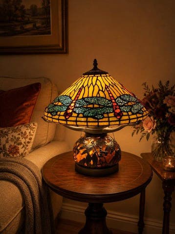 Tiffany stijl tafellamp DRAGONFLY AT SUNSET met 2