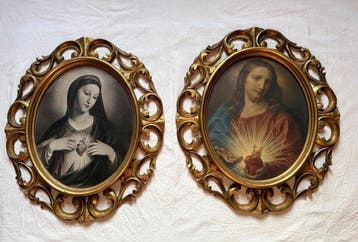 Cadre - Bois - Paire de tableaux - Sacré Cœur de Jésus et