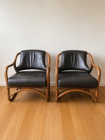 Fauteuil - Leder, Rattan - Paar vintage rattan