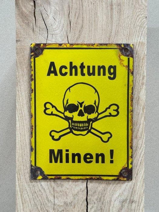 Seconde Guerre mondiale : Attention, mines ! Plaque émaillée, Antiek en Kunst, Antiek | Wandborden en Tegels