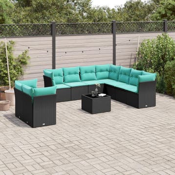vidaXL 10-delige tuinbankset met kussens van zwart polyrotan, Verzenden