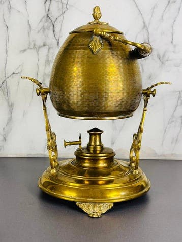 Waterkoker op standaard en brander - Victoriaanse koperen, Antiek en Kunst