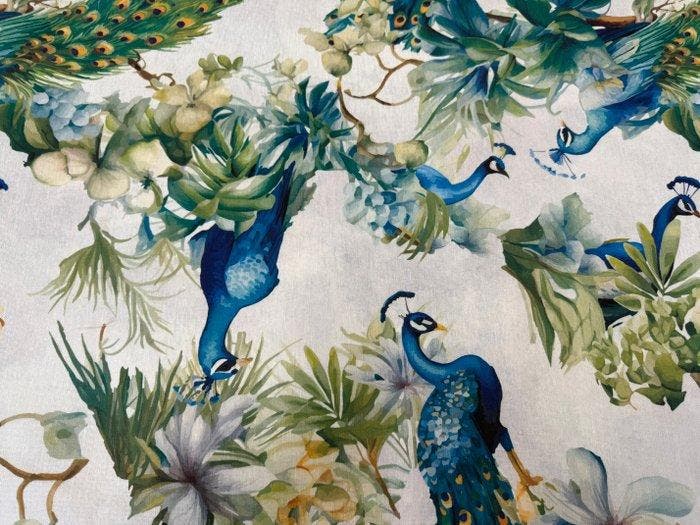 Tropische regaliteit – Het gezang van de pauw - Meubelstof -, Antiquités & Art, Tapis & Textile