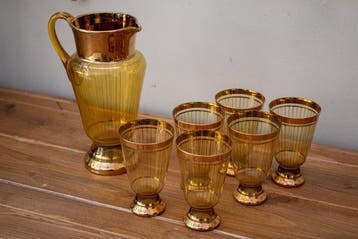 Drinkset (7) - 6 glazen met karaf - Glas - gouden decoraties