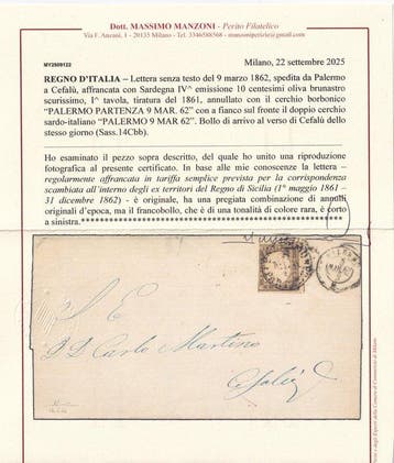 Italiaanse oude staten - Sardinië - 1862 Brief van Palermo, Gestempeld