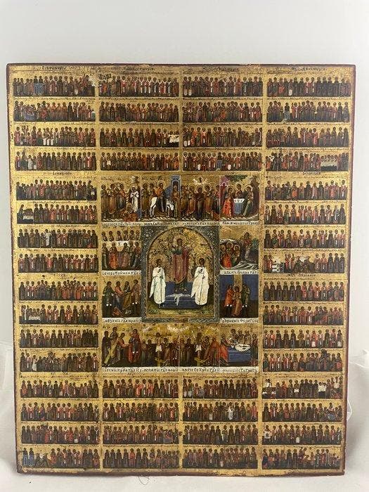 Icoon - Kalenderjaar-icoon met de Opstanding en 12 heilige, Antiek en Kunst, Kunst | Niet-Westerse kunst