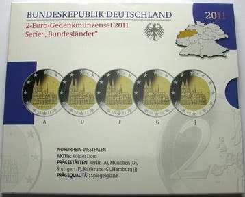 5 x 2 Euro 2011 A,d,f,g,j Duitsland Nordrhein-westfalen, Verzenden