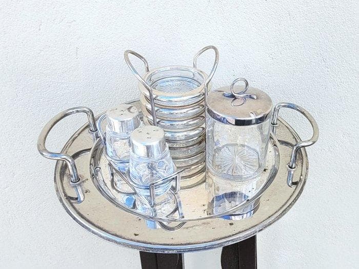 Dienblad (4) - Verzilverd, Glas - Tafelset, Antiek en Kunst, Curiosa en Brocante