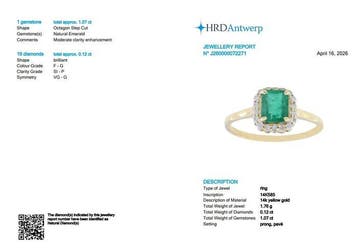 Bague - 14 carats Or jaune - 1.19ct. tw. Émeraude - Diamant, Bijoux, Sacs & Beauté