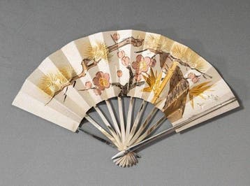 Pure Silver Fan “Suehiro” () by Unzan () – Pine, Bamboo, Antiek en Kunst