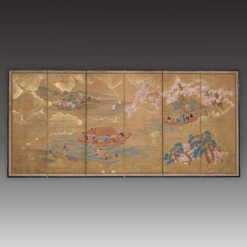 Byôbu  (vouwscherm) - Gelakt hout, zijde, papier - Japan -