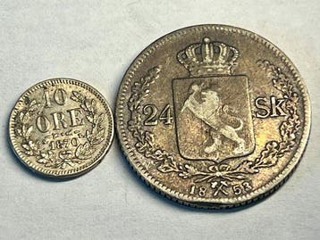 Noorwegen, Zweden. Lot of 2 coins: 10 Öre 1870 & 24 Skilling, Gestempeld