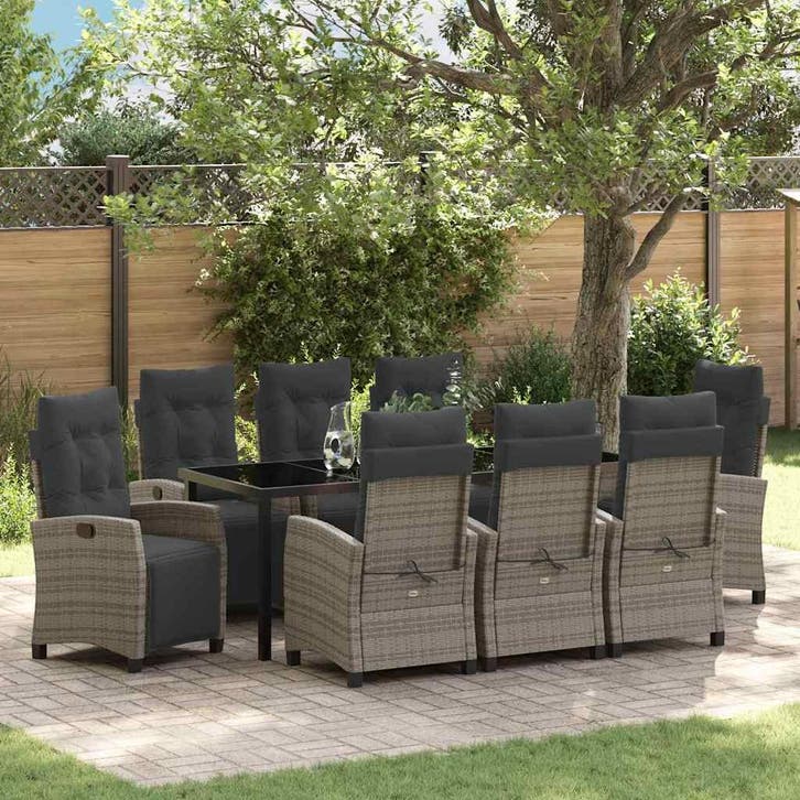 vidaXL Tuin Eettafel Set met kussen 9 pcs Grijs poly rattan, Tuin en Terras, Tuinsets en Loungesets, Nieuw, Verzenden