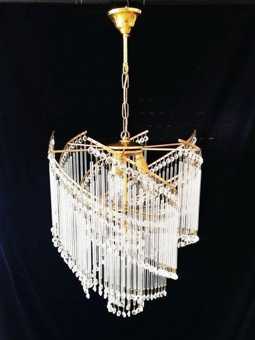 Lampe à suspendre - Laiton, Cristal - Lampe en cascade - 79, Huis en Inrichting, Overige Huis en Inrichting