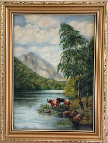 École britannique (XX) - Cattle watering in a highland, Antiquités & Art