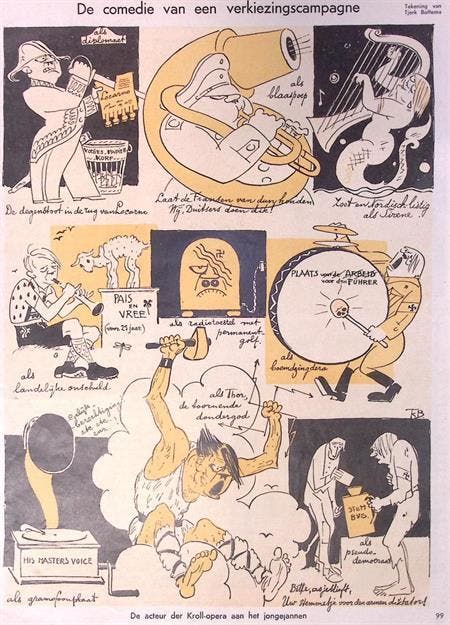 De comedie van een verkiezingscampagne op spotprent, Antiek en Kunst, Kunst | Litho's en Zeefdrukken, Verzenden