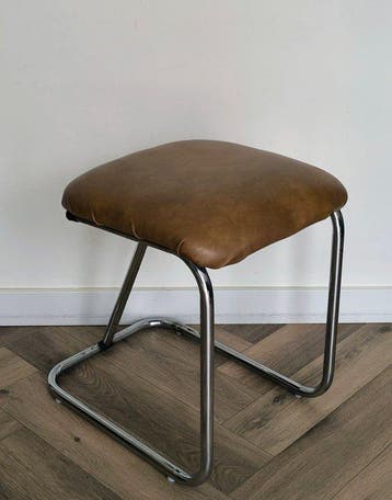Kruk - Buizenframe Kruk / Voetenbank - Leder, Verchroomd