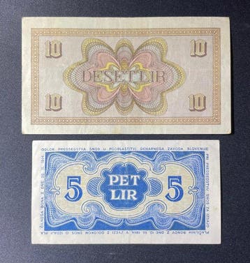 Joegoslavië. - Monetary Bank of Slovenia - 5 and 10 Lir 1944, Postzegels en Munten, Bankbiljetten | Europa | Niet-Eurobiljetten