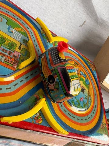Blikken Speelgoed – Mini Train Baan & Railway Truck met, Antiek en Kunst
