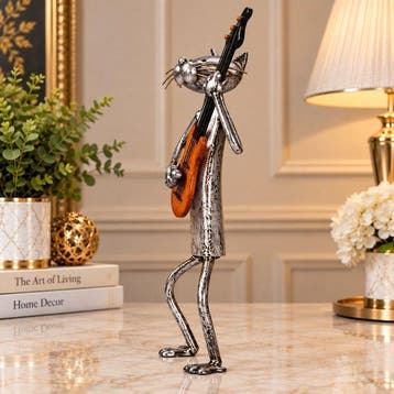 Beeldje - Cat Musician Sculpture Guitarist Figurine - IJzer