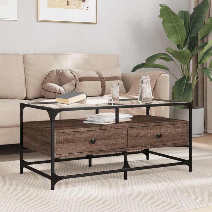vidaXL Salontafel met glazen blad 98,5x50x45 cm sonoma eiken, Huis en Inrichting, Tafels | Salontafels, Nieuw, Verzenden