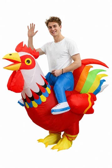 KIMU® Opblaas Kostuum Zittend op Kip Rood Regenboog Opblaasb, Ophalen of Verzenden, Nieuw