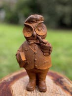 Beeld, Wijze uil met pijp - 19 cm - Gietijzer