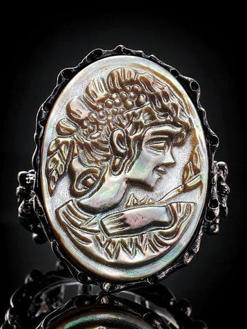 Uitgehouwen camee-schelpenring - 925 sterlingzilver - zwart