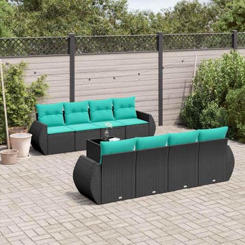 vidaXL 9-delige tuinbankset met kussens van zwart polyrotan, Verzenden