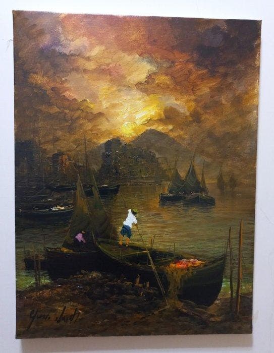 Guido Vuotto (1964) - Mergellina al tramonto (napoli), Antiquités & Art, Art | Peinture | Classique