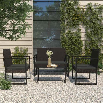 vidaXL 4-delige Loungeset met kussens poly rattan zwart, Verzenden, Nieuw